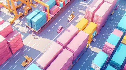 Top view of cargo handling in pastel 3D render, import-export logistics, modern flat design for shipping