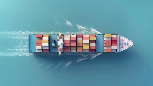 Top view cargo ship navigation in pastel 3D render, Import-export logistics, flat design for modern shipping concepts