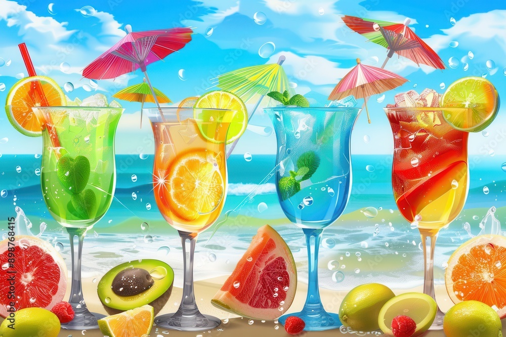 Poster four colorful cocktails garnished with fresh fruit and umbrellas sit on a beach with an ocean backdr