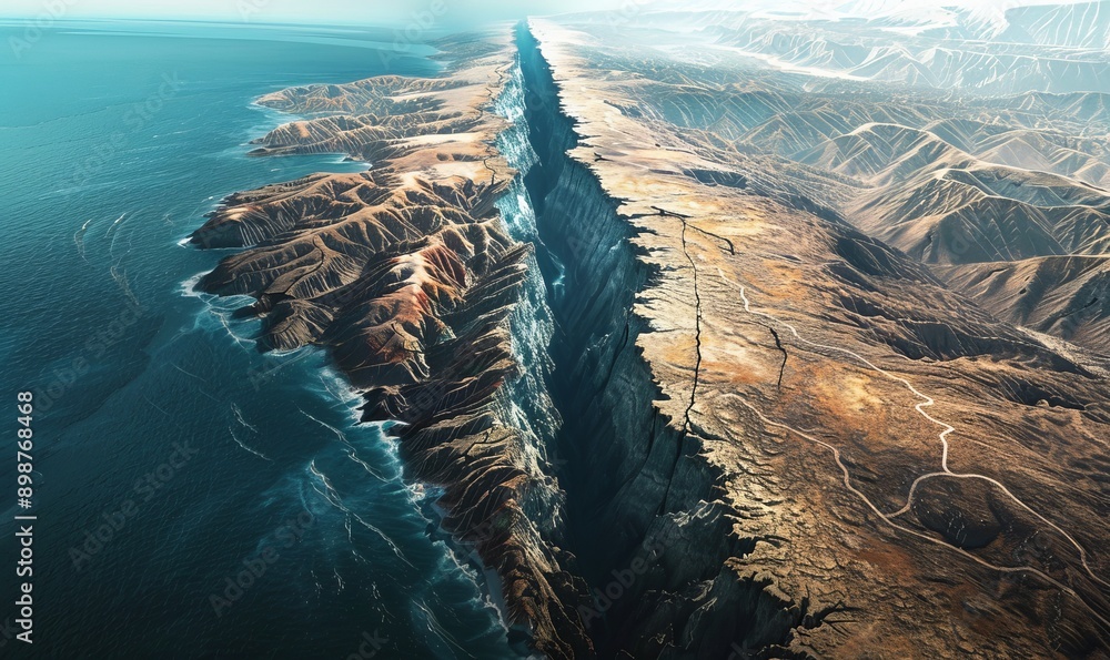 Poster the massive fault line splits the earth's crust, creating a stark division between continents