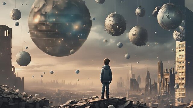Boy looking at the city destroyed by war with aliens. Post apocalyptic view. Alien invasion, Spherical spaceships, UFO. Cinematic sci-fi movie footage.