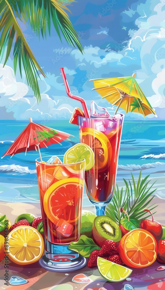Aufkleber two colorful cocktails garnished with fruit and umbrellas are served on a beach with a palm tree and