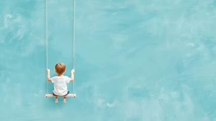 Joyful child on a swing, lush green park and blue sky, Watercolor style, with copy space, high-resolution photo, hyper realistic