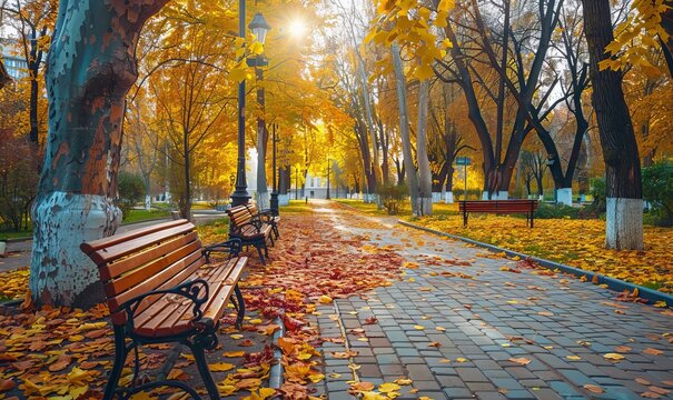 City park alley, yellow and red leaves, wooden benches, autumn tranquility