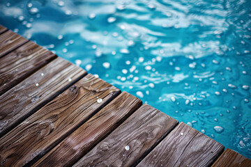 Obraz premium Wooden boards and blue water for background. Swimming pool and wooden pier. Beautiful summer background for design.