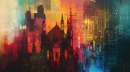 Obraz premium An abstract city skyline with a blend of watercolor and digital elements, symbolizing the fusion of tradition and modernity, art and technology, the past and the future, creativity and innovation, and