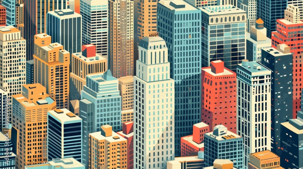 Poster this image captures the vibrant energy of a modern city. the tall skyscrapers, painted in a range of