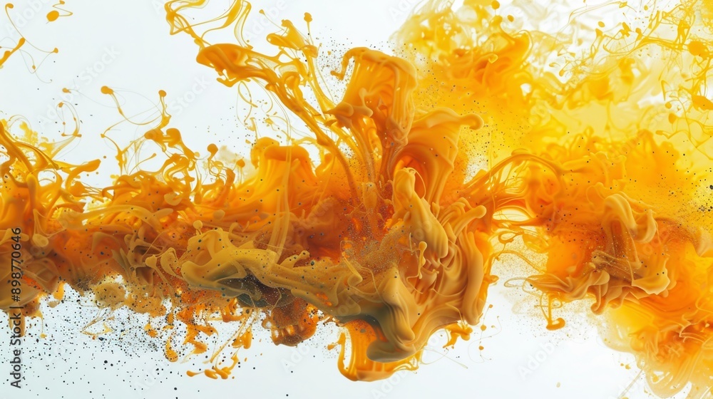 Poster yellow ink dissolving in water, creating abstract shapes with a white background