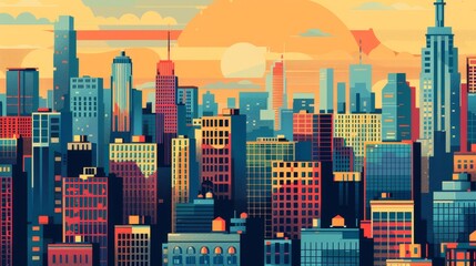 The image captures the beauty of a city skyline at sunset, with towering skyscrapers, a golden sky, and clouds reflecting the warm hues of the evening sun.  The composition evokes a sense of urban dyn