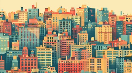 A vibrant cityscape with colorful buildings showcasing urban life, architecture, diversity, community, and growth.