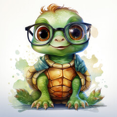 Obraz premium Watercolor Cute little green turtle with glasses in front of studio, clipart Illustration, Generative Ai