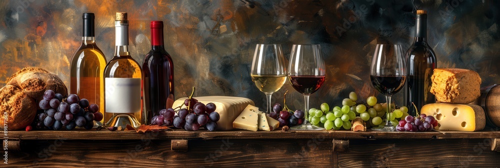 Poster wine bottles, glasses, and cheese are arranged on a wooden table, surrounded by grapes and bread. ge
