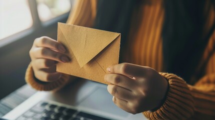 A woman holds a brown envelope in her hands, symbolizing anticipation, communication, news,  secrets, and  personal correspondence.