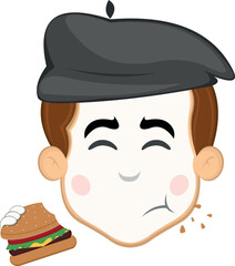 vector illustration face character of street artist mime cartoon, eating a hamburger