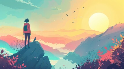 The image shows a young woman standing on a mountain peak, looking out over a breathtaking sunrise. She is surrounded by a vibrant landscape, symbolizing hope, peace, adventure, and new beginnings. Th