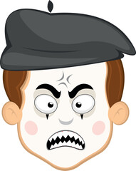 vector illustration face character of street artist mime cartoon, fury expression with a vein in his head and sharp teeth