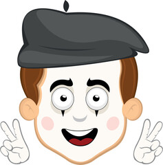vector illustration face character of street artist mime cartoon, with hands making the classic gesture of love and peace or v victory