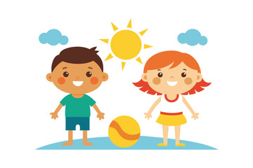 A vibrant summer vector illustration featuring kids enjoying the sunshine. This cheerful design is perfect for children's products, summer-themed projects, and playful outdoor visuals.