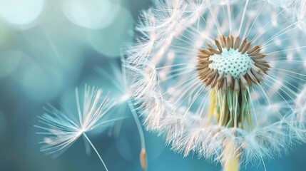 Delicate dandelion blowing seeds in the wind against a serene blue nature background, symbolizing freedom, hope, and growth. Intricate patterns create a dreamy scene of new beginnings.