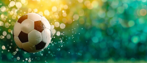 Fototapeta premium A soccer ball soaring through the air against a backdrop of blurred green grass and overlapping blues and yellows