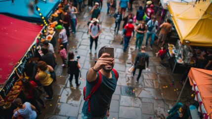 A man holds his phone high to take a selfie, capturing the busy atmosphere of a crowded street market with colorful tents and vendors