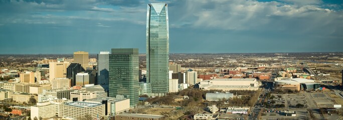 Aerial Panoramic View of Oklahoma City Featuring Devon Tower in Winter | 4K Ultra HD Image
