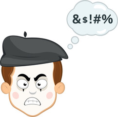 vector illustration face character of street artist mime cartoon, angry expression with a cloud thought and an insult text