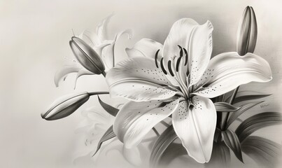 Beautiful pencil drawing of a lily in full bloom, delicate and refined