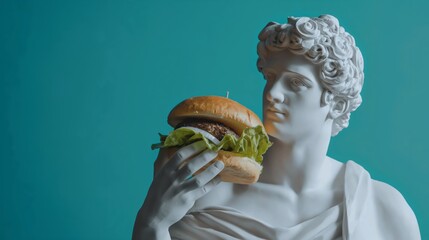 Antique statue man holds burger eating tasty junk food on blue studio background, copy space