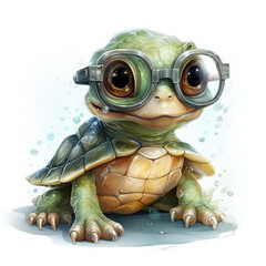 Watercolor Cute little green turtle with glasses in front of studio, clipart Illustration, Generative Ai