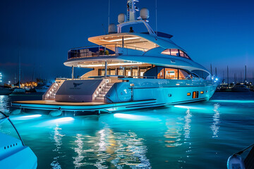 A modern yacht illuminated at night in the harbor, symbolizing luxury, elegance, and maritime leisure.
