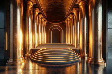 Luxurious golden stage with pillars, empty 3D podium in elegant classical setting