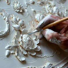 Artisan’s Hand Crafting Textured Masterpiece with White Paint on Canvas
