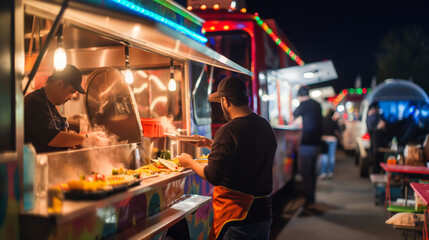 Obraz premium Vibrant Night Market: Gourmet Food Truck Serving Fresh Tacos in a Bustling Urban Setting