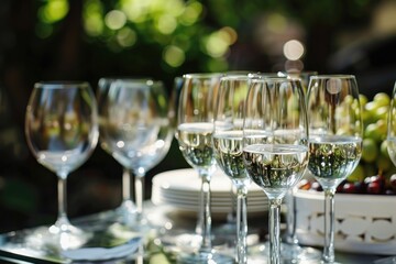 Chilled wine glasses at a garden party, emphasizing elegance and enjoyment in an outdoor setting