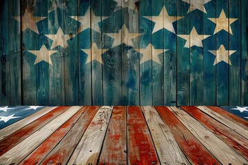 A weathered wooden background with a painted American flag design