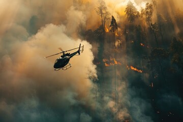 Close up helicopter flying over the smoke of forest in fire
