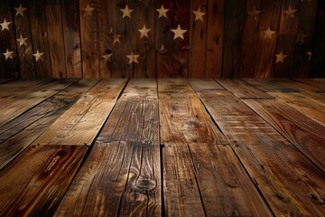 A rustic wooden floor with a backdrop of blurred stars on a wooden wall