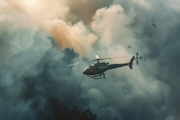 Close up helicopter flying over the smoke of forest in fire