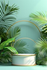 Obraz premium Elegant 3D podium with golden ring and tropical palm leaves in minimalistic green background