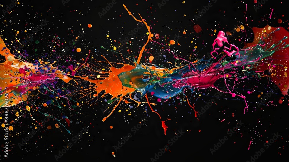 Poster vibrant paint splashes forming a dynamic abstract pattern against a black backdrop