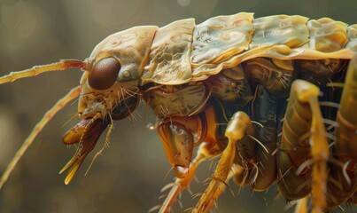 Magnified image of a flea, displaying its segmented body and powerful legs