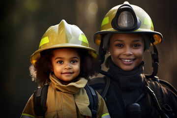 Small South-African and female child wearing a firefighter costume and helmet looking at the camera with a green forest background 