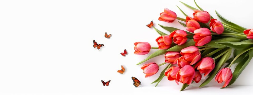  Red tulips in a bouquet against a white backdrop Space for text Butterflies flutter nearby ..Or, if the butterfl