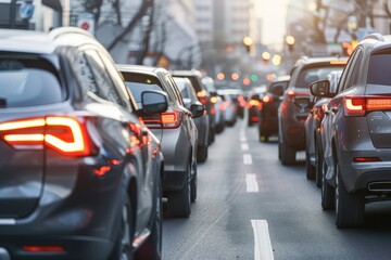 Close up traffic jam of cars on city access on rush hour