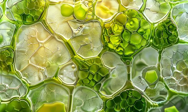 Microscopic view of plant cells, highlighting the cell walls and chloroplasts