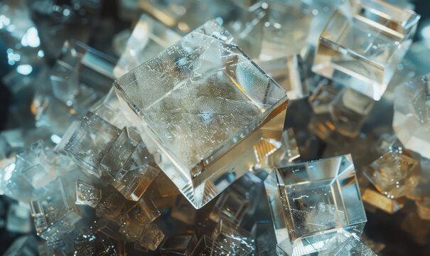 Microscopic view of salt crystals, showing their cubic structure and clarity