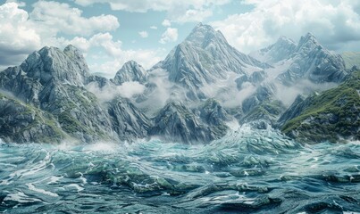 Obraz premium Mountain peaks gradually becoming waves, blending rock and water in surreal harmony