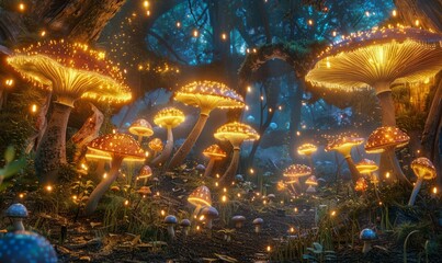 Fototapeta premium Mystical dreamscape with glowing mushrooms and enchanted forests, transporting viewers to a magical realm