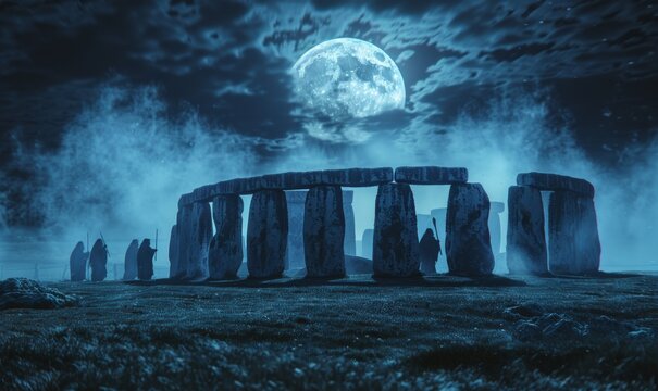 Mystical scene of Stonehenge under a full moon, with ghostly druids performing a ritual